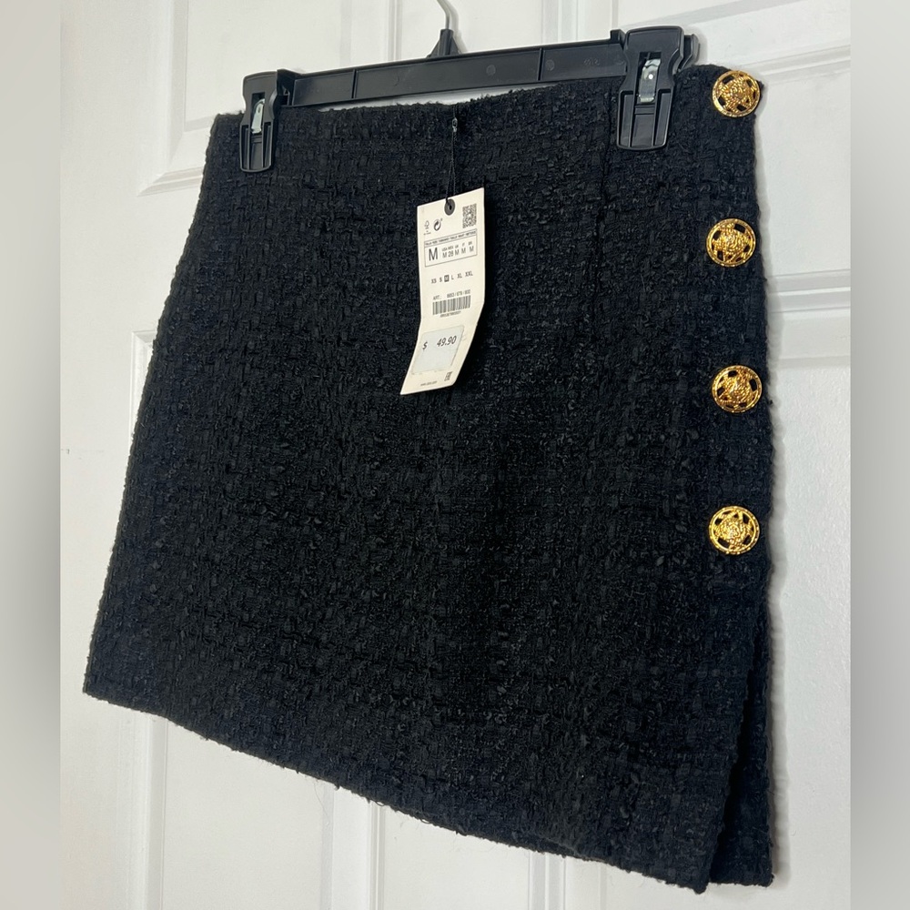 Zara Black Twilled Mini Skirt with Gold Buttons